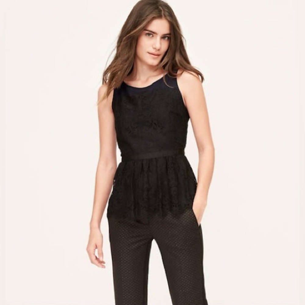 NWT $80 Ann Taylor LOFT‎ Scalloped Lace Sleeveless Peplum Shell Top Black/Navy 4